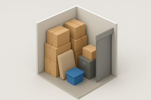 A storage unit with boxes and a filing cabinet.
